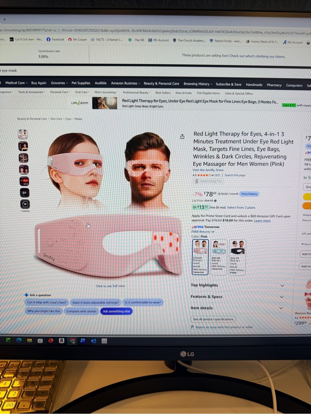 Ami Pink Red Light Therapy Eye Mask for Under-Eye Rejuvenation